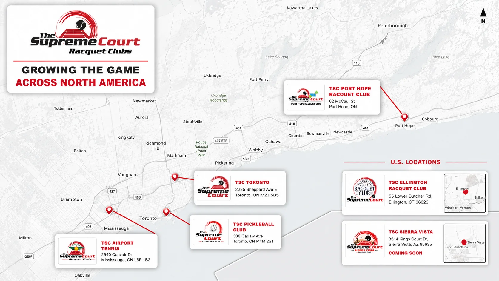 Map of The Supreme Court Racquet Clubs: TSC Toronto, TSC Airport Tennis, TSC Pickleball Club, TSC Port Hope Racquet Club, TSC Ellington Racquet Club and TSC Sierra Vista (coming soon)